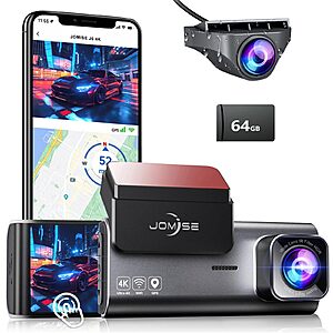 JOMISE 4K Dash Cam Front Rear with 64GB Card & Touch Screen, 4K+1080P Dual Dash Camera for Cars, Built-in GPS 
