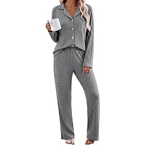 2-pc Ekouaer Women's Long Sleeve Ribbed Knit Pajamas Sets (various) $12 