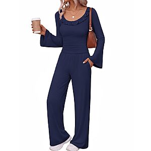 2-Pc Ekouaer Women's Bell Long Sleeve Pajama Lounge Set (Various)
