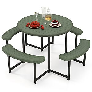 Giantex Picnic Table Bench Set for 4-8 Person,Round 37” Outdoor Dining Table w/Umbrella Hole,HDPE Tabletop,Metal Frame,Patio Furniture Set $115.59