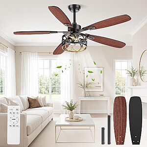 BLNAN 52 Inch Ceiling Fan with Lights and Remote, Caged Ceiling Fans Dual Finish 5 Blades, 6 Speeds + Natural Wind, Quiet <35dB, Flush Mount Ceiling Fan $40