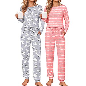 2-Pk Women's Ekouaer Long Sleeves Pajama Lounge Set w/ Jogger Pants (Various) $20 