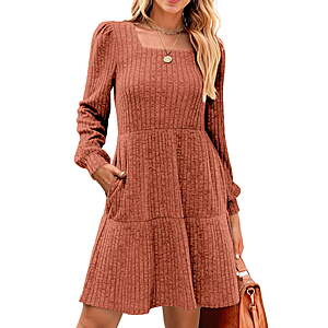Fantaslook Fall Dresses for Women Square Neck Long Sleeve Dresses Casual Babydoll Sweater Dress $15.39