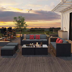 Lofka 10Pc Patio Conversation Set with Rattan Sectional Sofa and Table $499.99