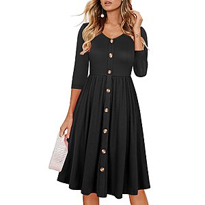 Lamilus Women's Casual Fall 3/4 Sleeve V-Neck Button Down A-Line Swing Party Dress (S, Black-026-3/4) $13.50