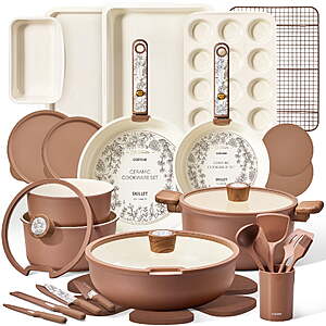 CAROTE 39-Pieces Ceramic Cookware Set, Nonstick Pots and Pans with Floral Detachable Handles, Induction Compatible, Diswasher Safe, Brown $119.98