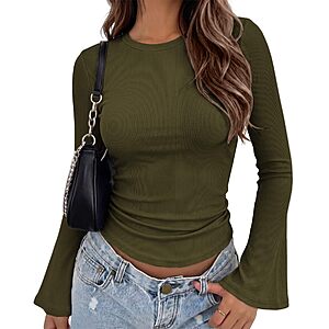 Women's Bell Long Sleeve Tops Crewneck Ribbed Knit Shirts