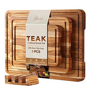 3 Pack Teak Cutting Board Set for Kitchen Wood Charcuterie Board with Juice Groove Wooden Cutting Boards Non Toxic Heavy Duty Slip Over Sink Solid Thick Chopping Board FSC $29.49