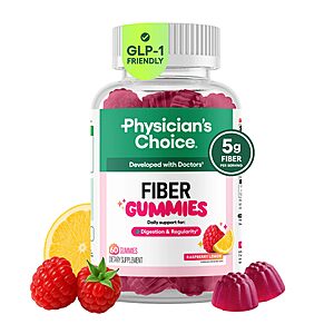 [S&S] Physician's CHOICE Fiber Gummies for GLP-1 Support - No Sugar Added & Vegan - Raspberry Lemon - Natural Chicory Root Prebiotic Fiber Gummy  - 60CT $8.99