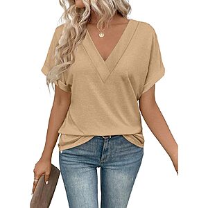 Dimur Resort Wear Women Business Casual Outfits V Neck Basic Tops Beige M $5.99