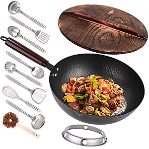 Leidawn 12.8" Carbon Steel Wok,11 Pcs Woks & Stir Fry Pans Wok Pan with Lid $21.19