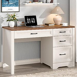 [Lightning Deal] Vabches Farmhouse Executive Desk with Storage and Ample File Drawer, Rustic Large Home Writing Desk (White) $149.99