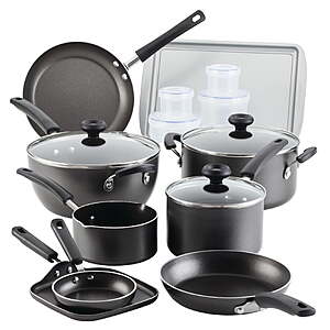 Farberware Easy Clean 20 Pcs Nonstick Cookware Set and Glass Lids with Cooking Tools and Food Storage Containers, Dishwasher Safe, Gray $47