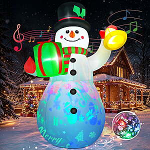 Yexmas 6.3FT Christmas Inflatable Snowman Blow Up Yard Decor with Gift Box and Bell, 360° Colorful Projection, Music On/Off Function, Built-in LED Lights $29.99