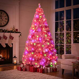 Yexmas 6ft Pre-Lit Pink Christmas Tree,Artificial Christmas Tree with 1000 PVC Branches,300 Multicolor Lights,Metal Hinges,Xmas Tree for Home,Holiday Party Decorations $69.99
