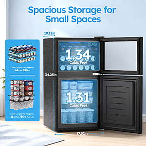 Snowyermine 2-in-1 Beverage Refrigerator with Bottom Freezer, Compact Dual-Zone Mini Fridge with Glass Door & LED Light $229.98