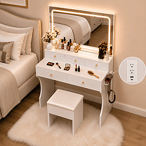 CLOUDREST PRO White Vanity Desk Set with Mirror, Makeup Vanity with LED Lights & 3 Color Modes $89.09