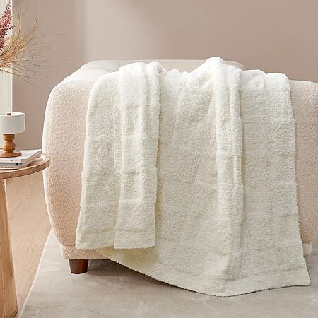 Snuggle Sac Checkered Throw Blanket Faux Fur Microfiber Blankets for Couch,Cozy Soft Warm Blanket for Sofa Bedroom Living Room,Solid Ivory,50x60 inches $13.99