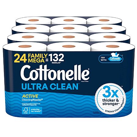 Cottonelle Ultra Clean Toilet Paper with Active CleaningRipples Texture, Strong Bath Tissue, 24 Family Mega Rolls = 132 Regular Rolls (4 Packs of 6) $33