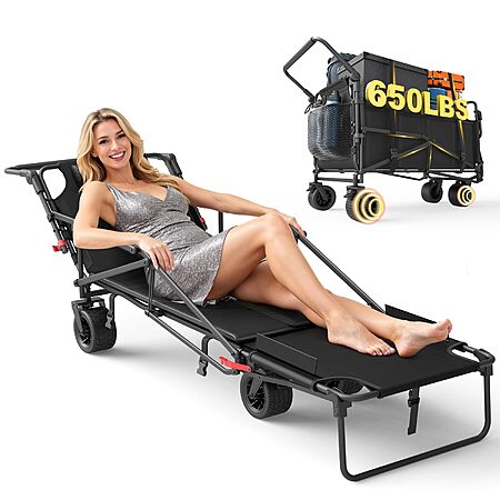 LEVELEVE Heavy Duty Folding Wagon - 2-in-1 Collapsible Cart, 650lb Capacity, All-Terrain Wheels w/Brakes & Side Pockets (Black) $98.99