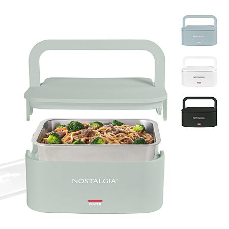 Nostalgia 32-Ounce Heated Electric Lunch Box – Travel Size 4 Cup Capacity  Foldable Carry Handle, Detachable Cord – Sage $19.99