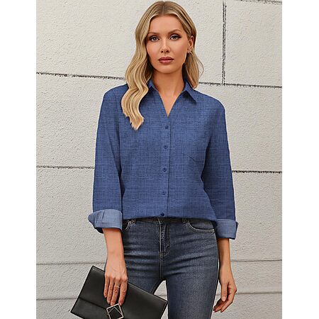 Zeagoo Womens Blouses Long Sleeve Dress Shirt Business Casual Blue Denim