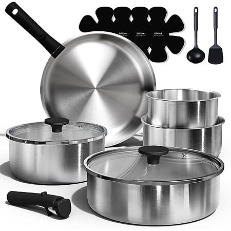 CAROTE 15pcs Tri-Ply Stainless Steel Cookware Set with Detachable Handle $59.99