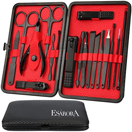 Manicure Set Pedicure Set Nail Clippers – Mifine 16 in 1 Stainless Steel Professional Pedicure Kit Nail Scissors Grooming kit with Black Leather Case (Red) $9.34