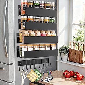 5-Pk SMRCAD Magnetic Spice Rack Shelves w/ Utensil Hooks (black)
