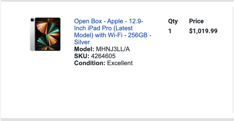 [Open-Box] Apple iPad Pro 12.9 (2021) M1 chip-WiFi-256GB-Silver ONLY $1019.99