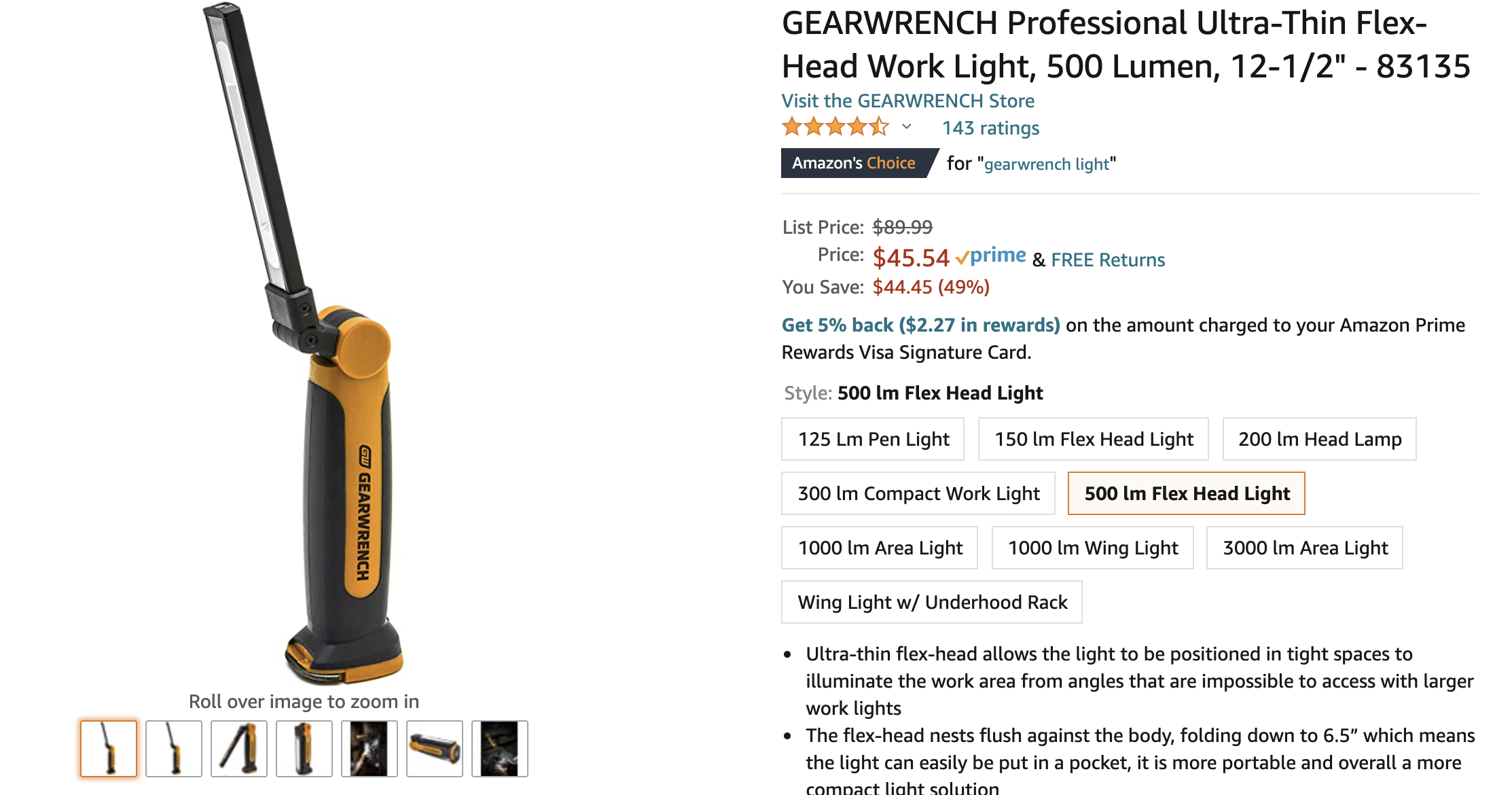 GEARWRENCH Professional Ultra-Thin Flex-Head Work Light, 500 Lumen $45.54