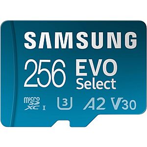 SAMSUNG EVO Select 256GB microSDXC, Up-to 160 MB/s, 4K UHD, UHS-I, C10, U3, V30, A2 33% off $19.99
