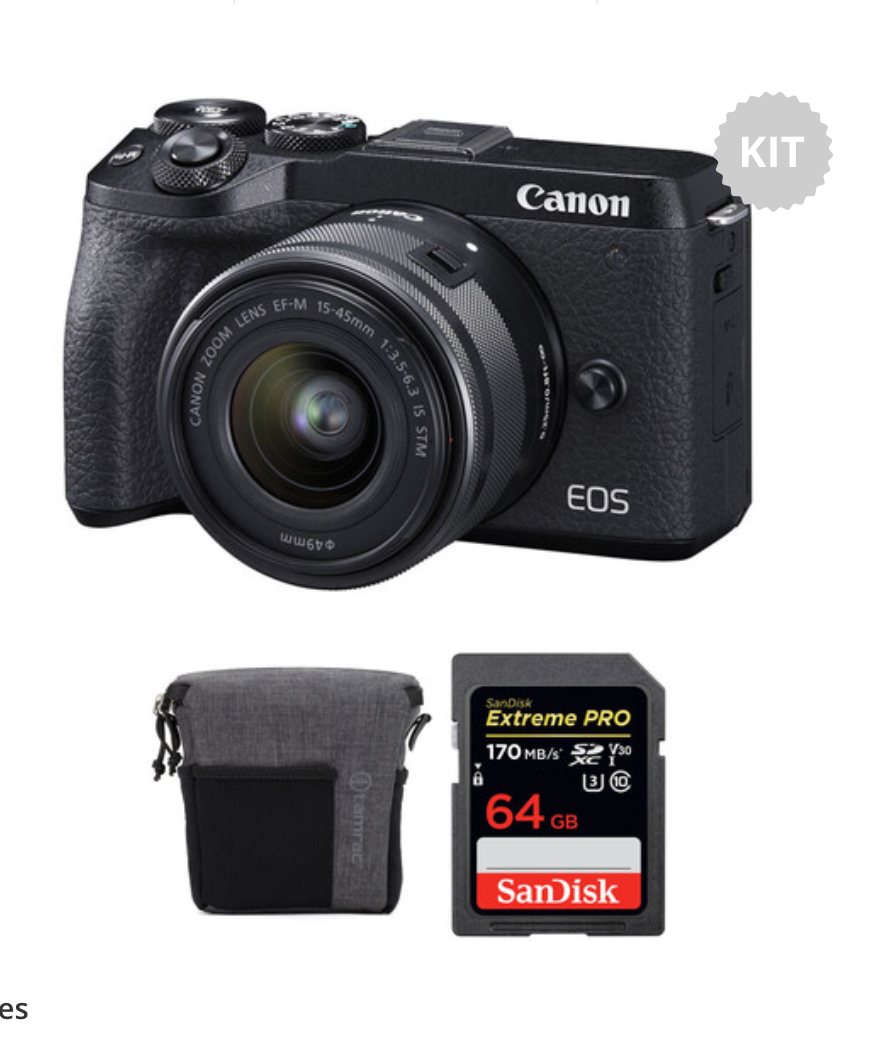 Canon EOS M6 Mark II Mirrorless Digital Camera with 15-45mm Lens, EVF-DC2 Viewfinder, and Accessories Kit (Black) $899