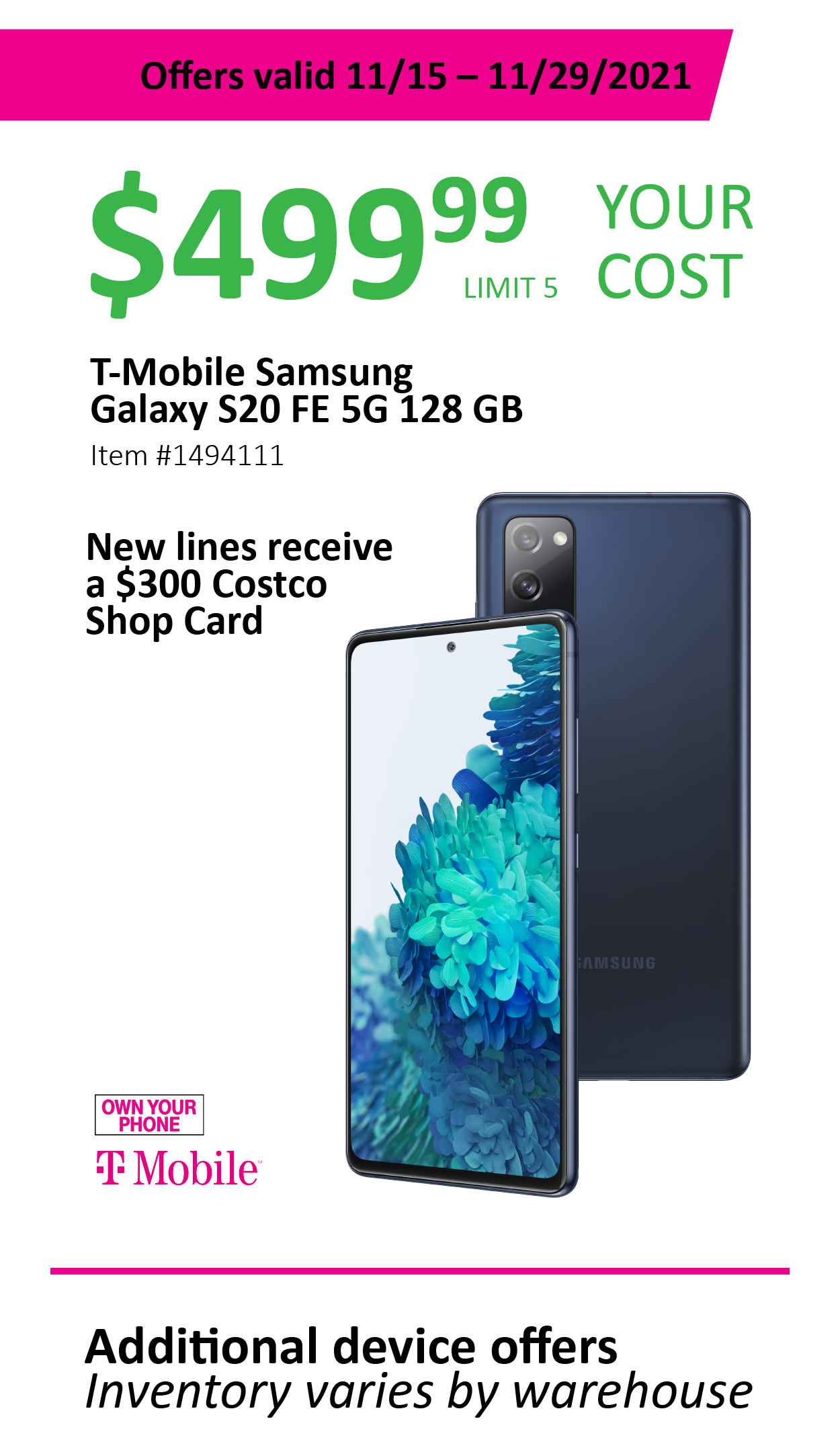 Tmobile & Samsung Deal - Get $300 Costco Card, prices start at $500 for S20 FE, $800 for Samsung Galaxy Z Flip3 $200