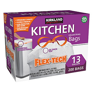 Kirkland Signature Flex-Tech 13-Gallon Kitchen Trash Bag, 200-count $17.99