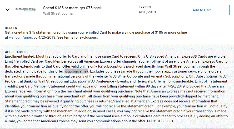 The Wall Street Journal Subscription Via Amex Offer 112 Net After 75 Dollar Amex Credit