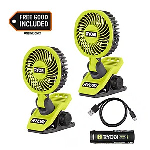 2-Pk RYOBI USB Lithium Clamp Fans + 1x 2.0Ah Battery $40 + Free S&H