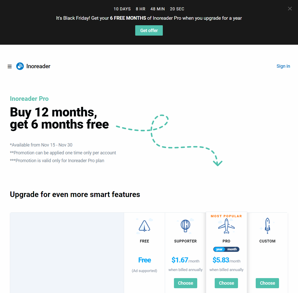 Inoreader Pro Black Friday sale: buy 12 months, get 6 months free (existing subscribers eligible)