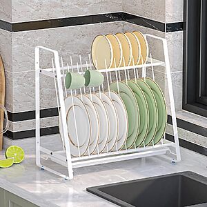 KOSIWU 2-Tier 11-Slot Dish Drying Rack w/ Drainboard (White) $9.99 + Free Shipping w/ Prime or on $35+