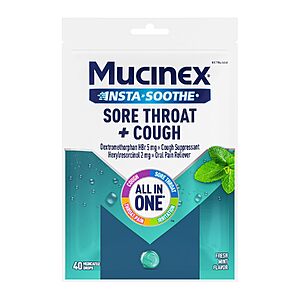 40-Ct Mucinex InstaSoothe Sore Throat + Cough Relief Medicated Drops $2.30 w/ S&S