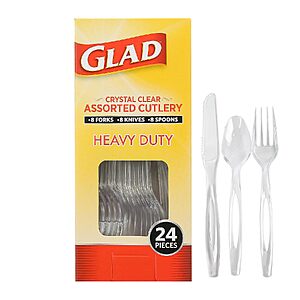 24-Count Glad Heavy Duty Clear Plastic Cutlery Set (Forks, Knives & Spoons) $1.45 w/ S&S + Free Shipping w/ Prime or on $35+