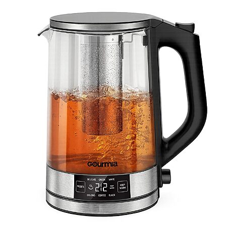 Gourmia 1.7L Glass Electric Kettle w/ Digital Display, 6 Presets & Removable Tea Infuser (Black)