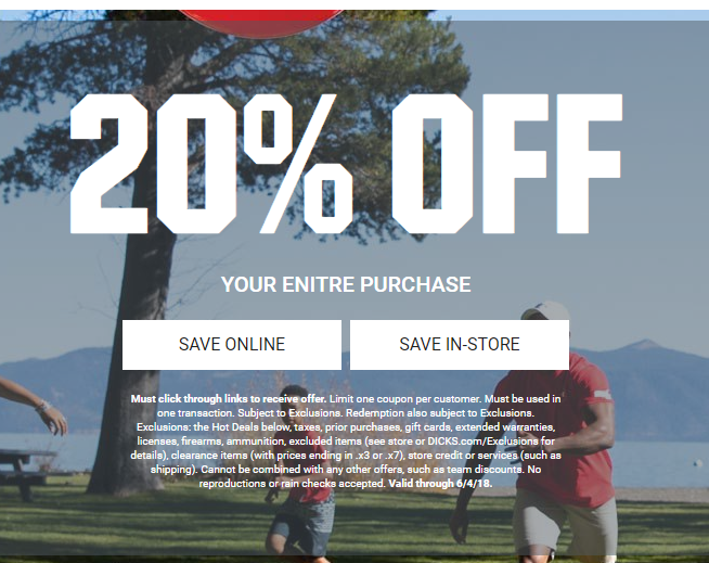 Dicks Sporting Goods 20% off your Purchase + Free Shipping on $49+ or free store pickup (Online or Instore)