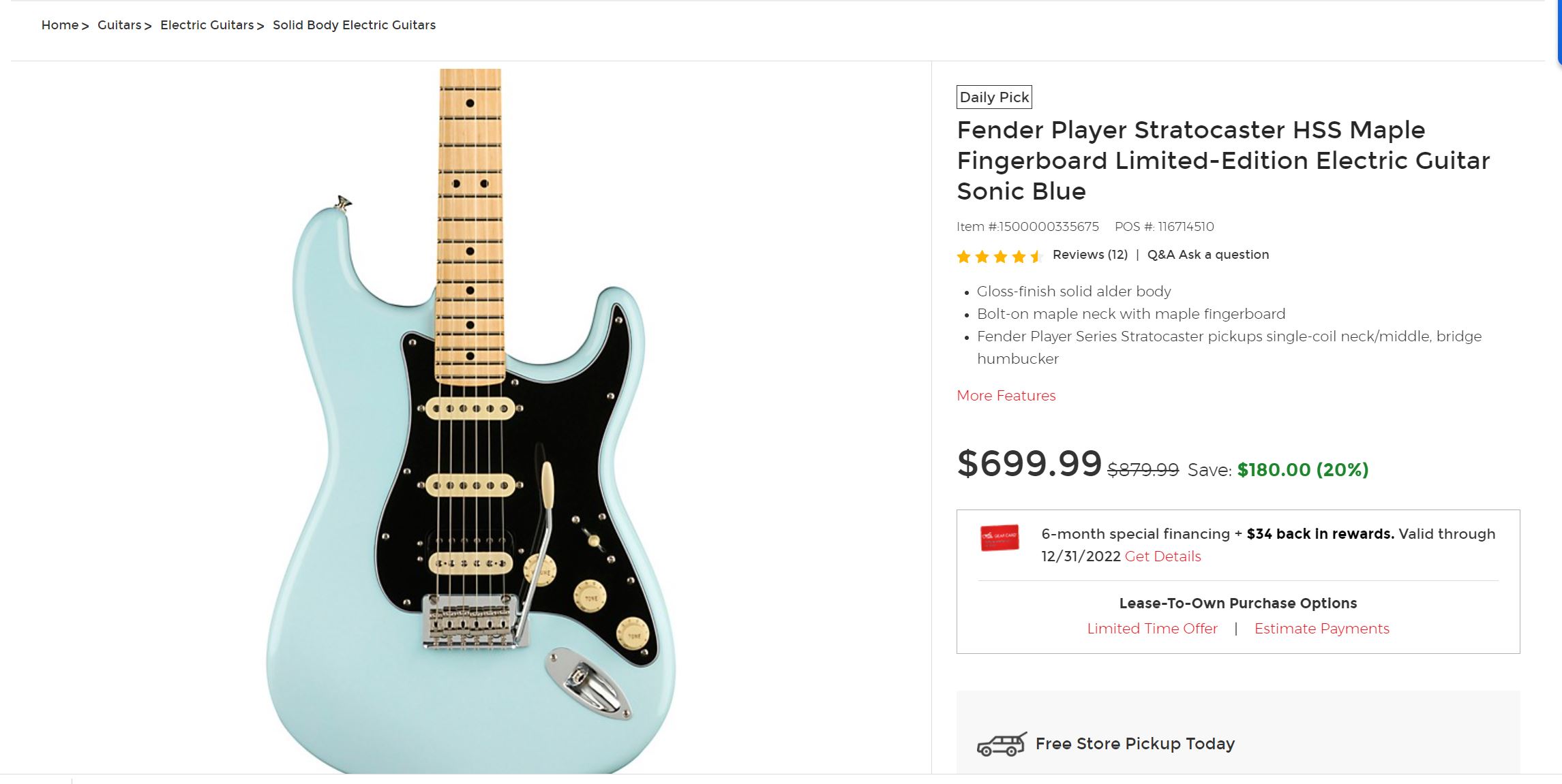 Fender Player Stratocaster HSS Maple Fingerboard Limited-Edition Electric Guitar Sonic Blue $699.98