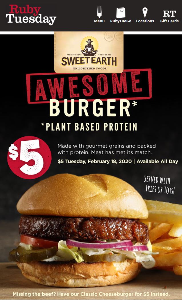 Ruby Tuesday: Plant Based Awesome Burger or Classic Cheeseburger w/ Fries or Tots $5 - All Day Tue. 2/18
