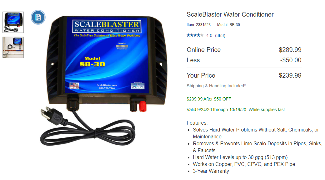 Scaleblaster Water Conditioner Sb 30 240 Fs For Costco Member 239 99