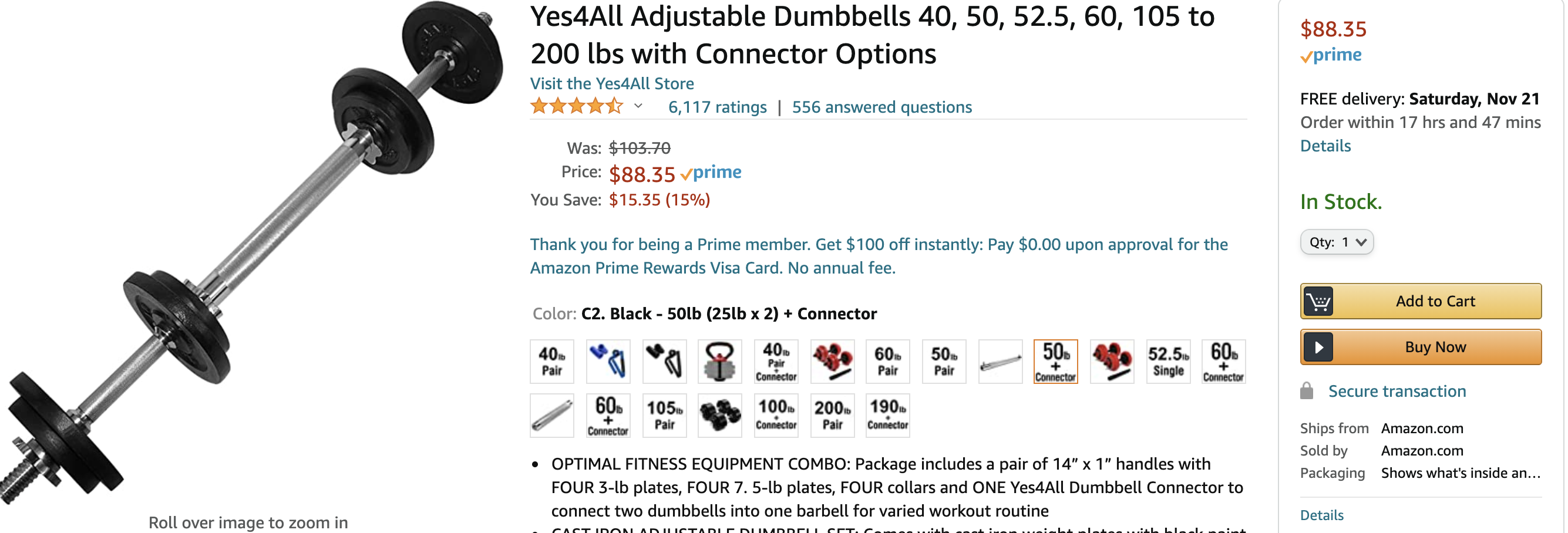 Yes4All Adjustable Dumbbells 50LB with Connector $88.35