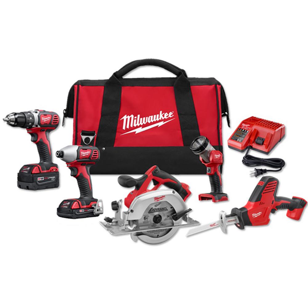Milwaukee M18 18-Volt Lithium-Ion Cordless Combo Tool Kit (5-Tool) with (1) 3.0Ah and (1) 1.5Ah Battery, (1) Charger, (1) Tool Bag $299