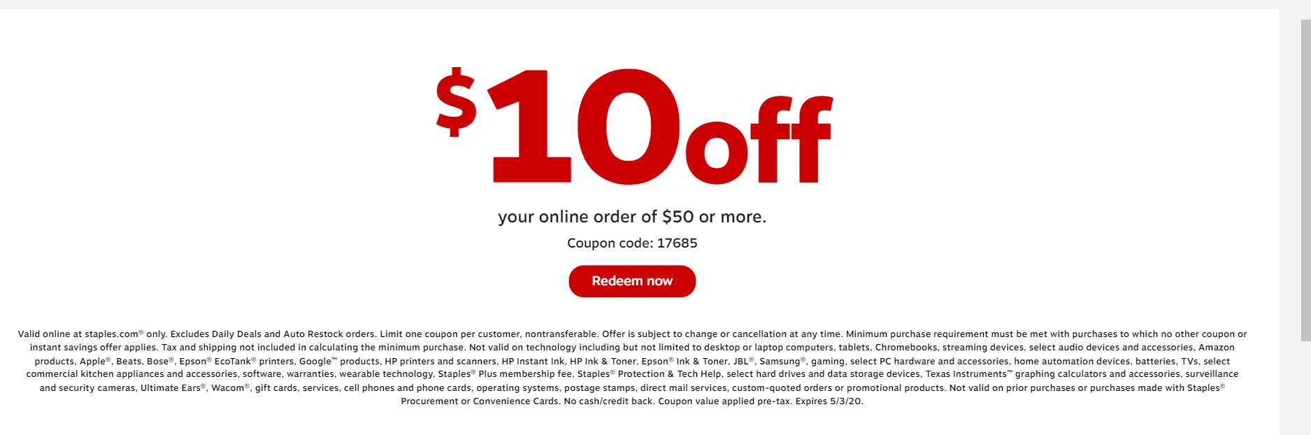 Staples Online Coupon $10 off $50, Expires 5/3/2020 - Slickdeals.net