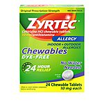 Zyrtec 24-Hour Berry Chewable Tablets: 10mg Cetirizine HCl per Tablet. Relieves Allergy Symptoms (Indoor, Outdoor, Hay Fever). Dye-Free. 24 Count [Subscribe &amp; Save] $9.3